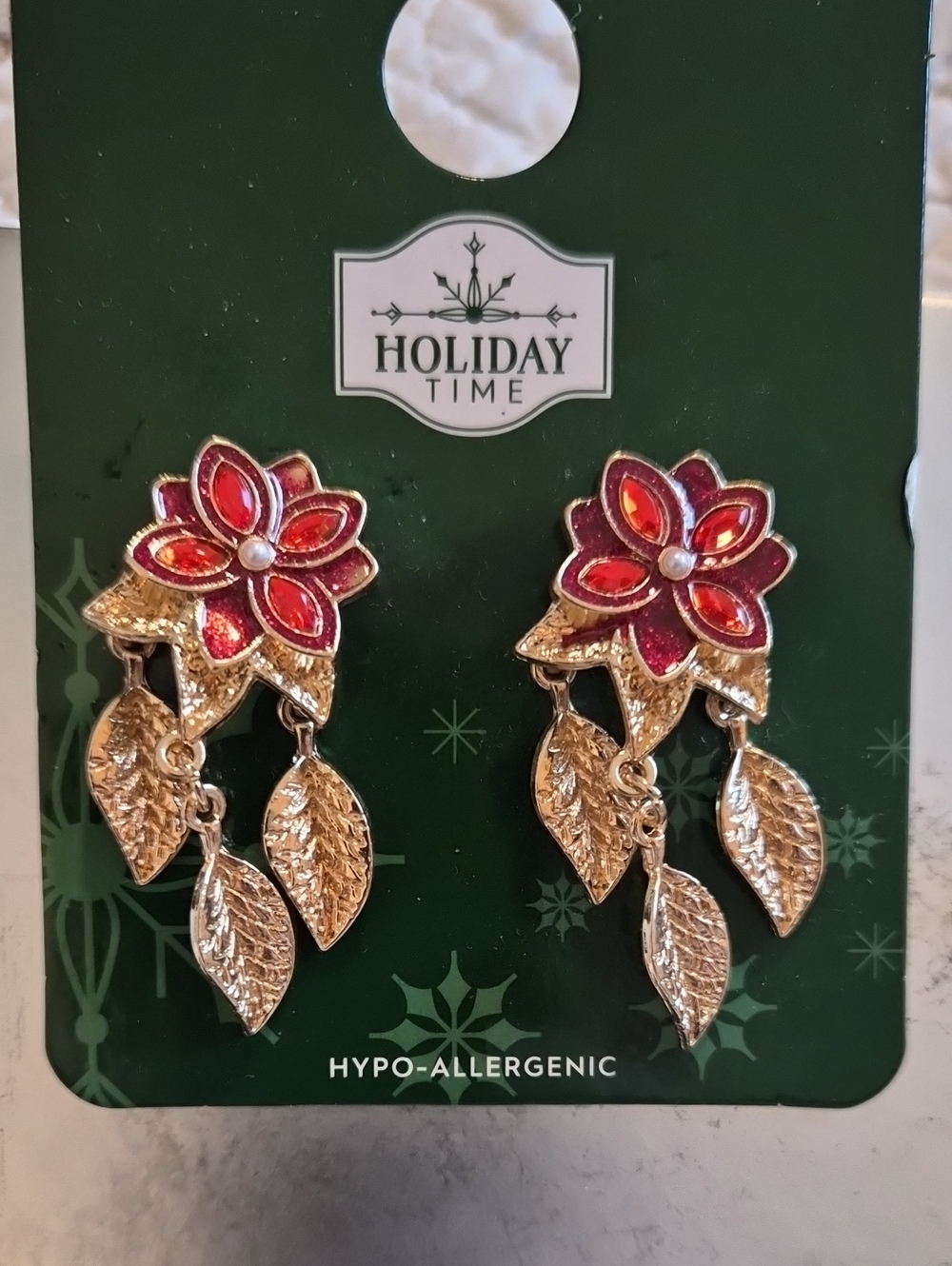Holiday Time Gold Leaf Earrings with Red Floral Accent